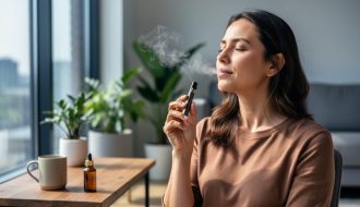 Adult woman by a bright window holding an unbranded CBD vape pen, exhaling a thin vapor plume; soft natural light with shallow depth of field; blurred living room featuring houseplants, a wooden coffee table, a ceramic mug, and an unlabeled amber dropper bottle, conveying a calm wellness mood.