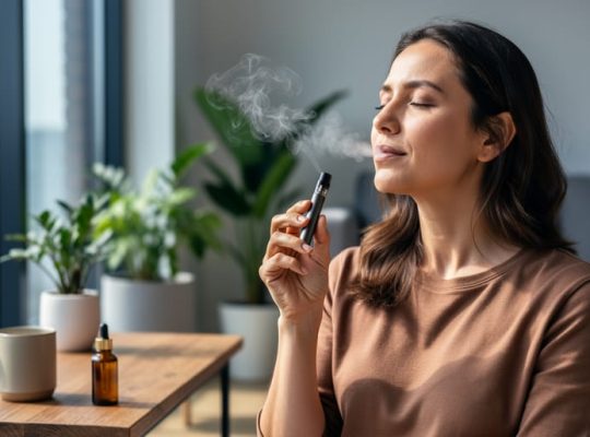 Adult woman by a bright window holding an unbranded CBD vape pen, exhaling a thin vapor plume; soft natural light with shallow depth of field; blurred living room featuring houseplants, a wooden coffee table, a ceramic mug, and an unlabeled amber dropper bottle, conveying a calm wellness mood.
