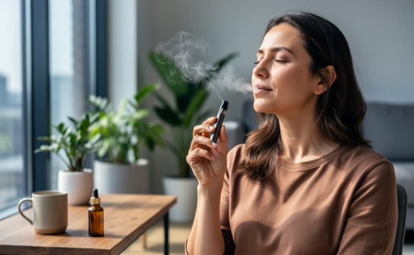 Adult woman by a bright window holding an unbranded CBD vape pen, exhaling a thin vapor plume; soft natural light with shallow depth of field; blurred living room featuring houseplants, a wooden coffee table, a ceramic mug, and an unlabeled amber dropper bottle, conveying a calm wellness mood.