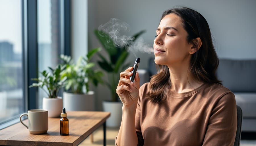 Adult woman by a bright window holding an unbranded CBD vape pen, exhaling a thin vapor plume; soft natural light with shallow depth of field; blurred living room featuring houseplants, a wooden coffee table, a ceramic mug, and an unlabeled amber dropper bottle, conveying a calm wellness mood.