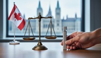 Adult hand placing a vape device next to brass scales of justice on a wooden desk, with a small Canadian flag and blurred parliament-style architecture in the background under soft daylight.