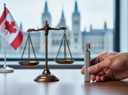 Adult hand placing a vape device next to brass scales of justice on a wooden desk, with a small Canadian flag and blurred parliament-style architecture in the background under soft daylight.