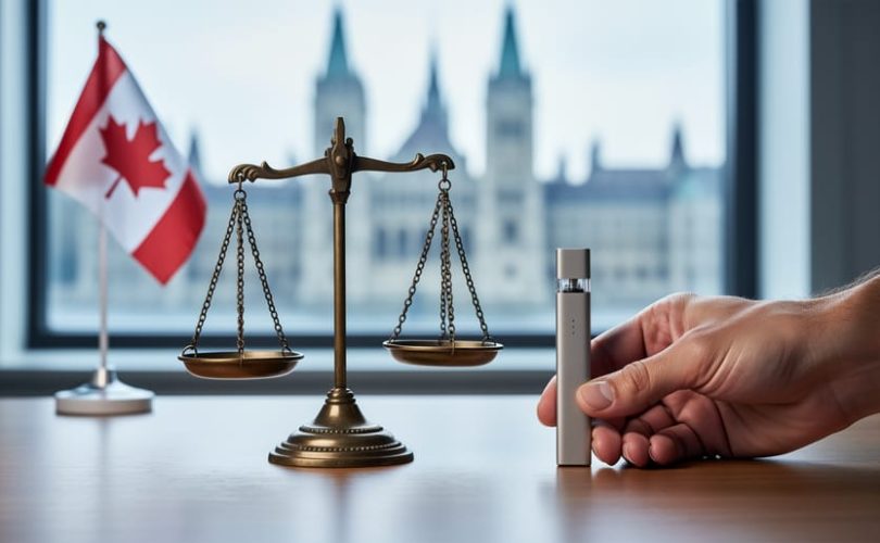 Adult hand placing a vape device next to brass scales of justice on a wooden desk, with a small Canadian flag and blurred parliament-style architecture in the background under soft daylight.