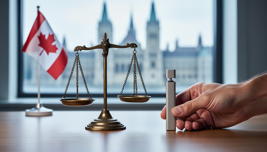 Adult hand placing a vape device next to brass scales of justice on a wooden desk, with a small Canadian flag and blurred parliament-style architecture in the background under soft daylight.