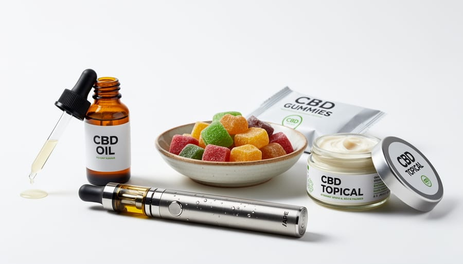 CBD vape pen and hemp oil bottle with fresh hemp leaves on marble surface