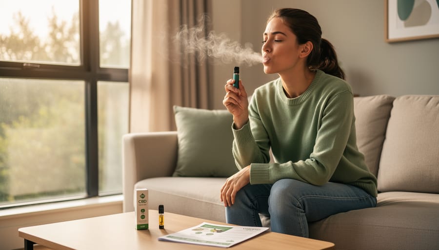 Close-up of hand holding CBD vape pen with gentle vapor in natural lighting