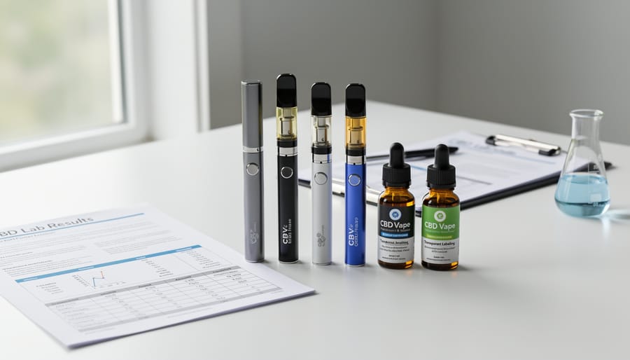 CBD vape products displayed with third-party lab certificates and ingredient labels