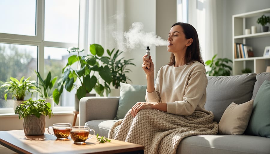 Woman sitting peacefully on sofa using CBD vape pen in comfortable home setting