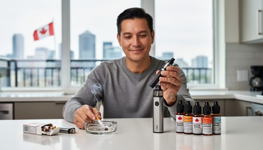 Adult reflecting on successful smoking cessation journey in peaceful outdoor setting