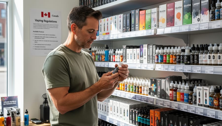 Adult consumer examining vaping device in legal retail setting