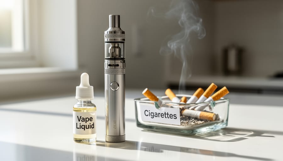 A modern vape device and a refill bottle placed on a clean countertop with a ceramic ashtray nearby.