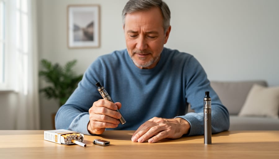 An adult holding a vape device while cigarettes rest on a table nearby, suggesting a move toward vaping instead of smoking.