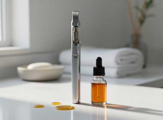 A sleek CBD vape pen and amber CBD e-liquid bottle on a clean white countertop in soft natural light.