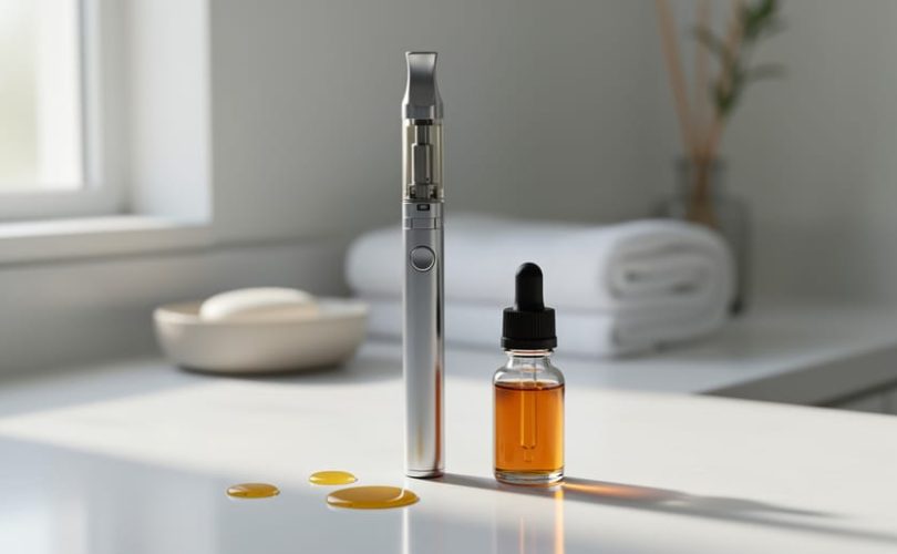 A sleek CBD vape pen and amber CBD e-liquid bottle on a clean white countertop in soft natural light.