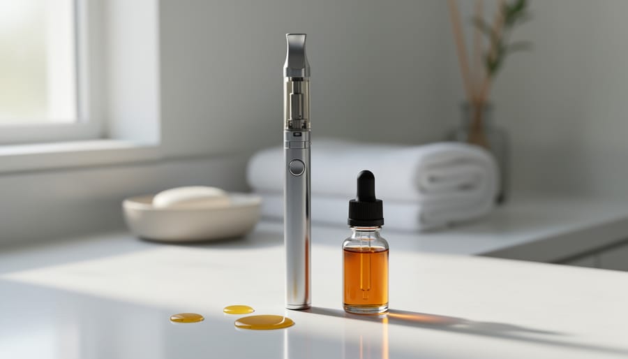 A sleek CBD vape pen and amber CBD e-liquid bottle on a clean white countertop in soft natural light.
