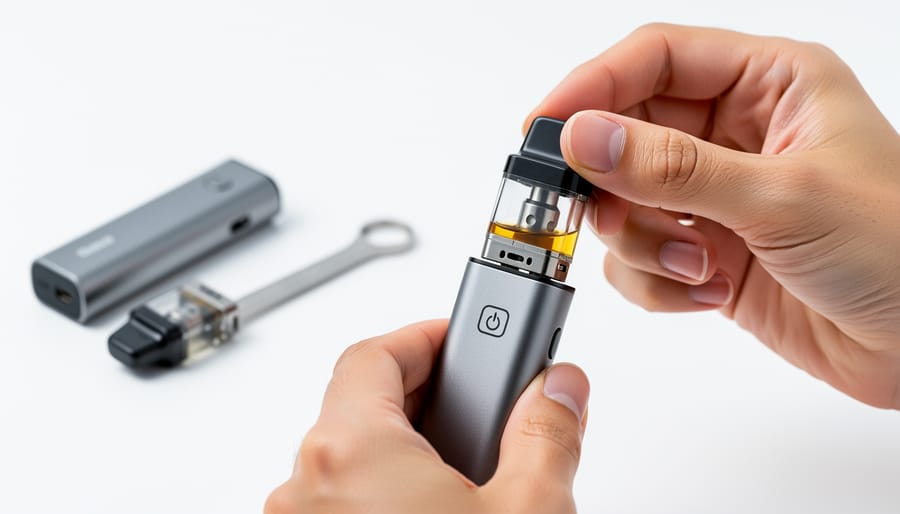Close-up of a hand inserting a replacement pod into a vaping device.