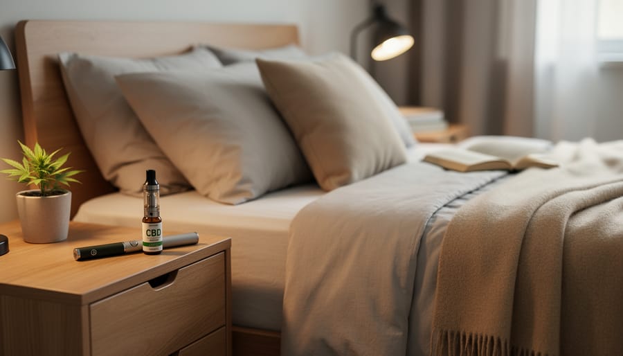 Discreet hemp CBD vape setup on a nightstand near a smartphone and glass of water