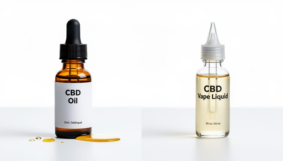 Dropper bottle with amber CBD oil next to a vape e-liquid bottle with clear liquid on a neutral background.