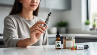 Person holding a sleek hemp-derived CBD vape device with a faint vapor plume, with tincture, gummies, and topical products softly blurred in the background.