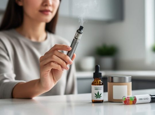 Person holding a sleek hemp-derived CBD vape device with a faint vapor plume, with tincture, gummies, and topical products softly blurred in the background.