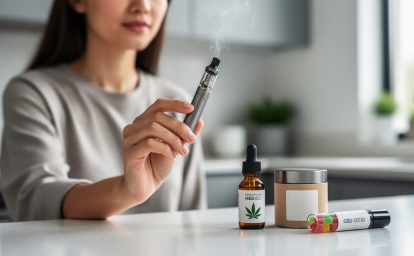 Person holding a sleek hemp-derived CBD vape device with a faint vapor plume, with tincture, gummies, and topical products softly blurred in the background.