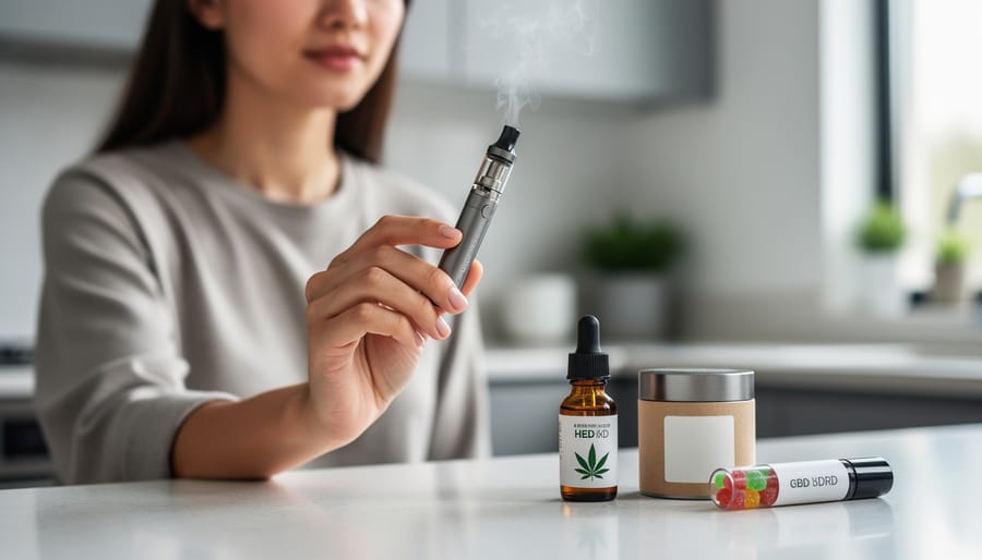 Person holding a sleek hemp-derived CBD vape device with a faint vapor plume, with tincture, gummies, and topical products softly blurred in the background.
