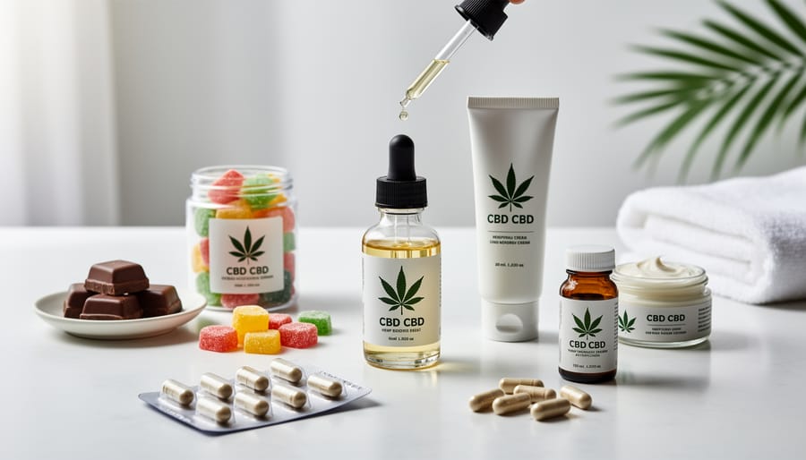 Hemp-derived CBD products including tincture dropper, gummies, topical cream, and capsules arranged on a wooden counter