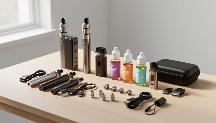 Overhead view of several vaping devices and accessories arranged neatly on a table.