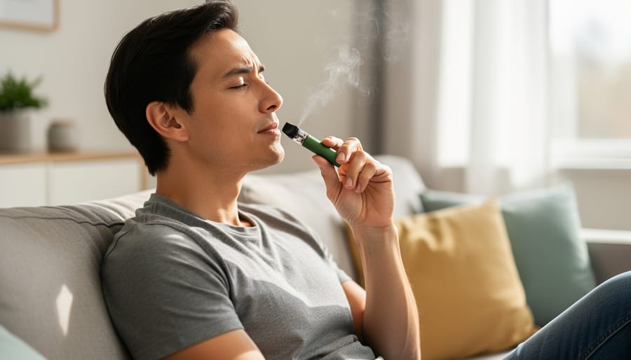 Person holding a compact vape device for hemp-derived CBD use in a home setting