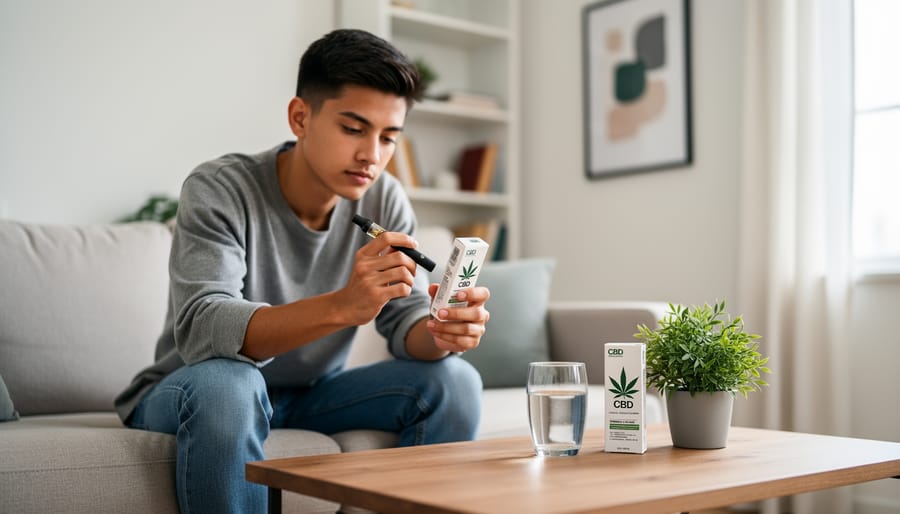 Person holding a vape device near their lips in a softly lit home environment with background plants blurred.