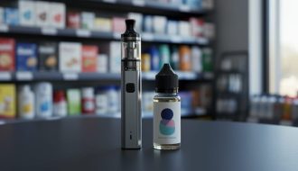 Close-up of a modern vaping device on a dark tabletop with a softly blurred retail shelf in the background.