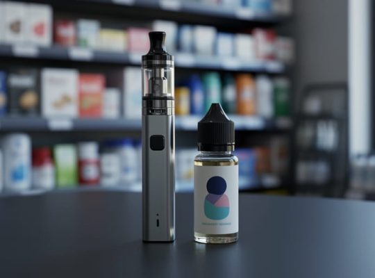 Close-up of a modern vaping device on a dark tabletop with a softly blurred retail shelf in the background.