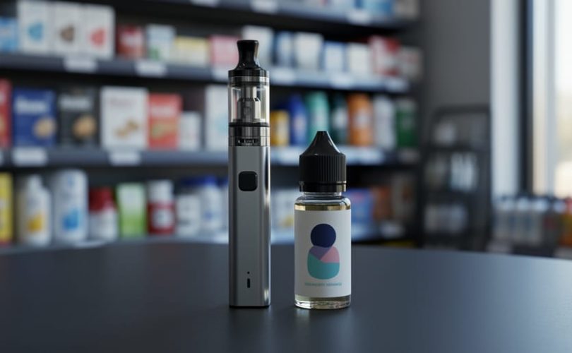 Close-up of a modern vaping device on a dark tabletop with a softly blurred retail shelf in the background.