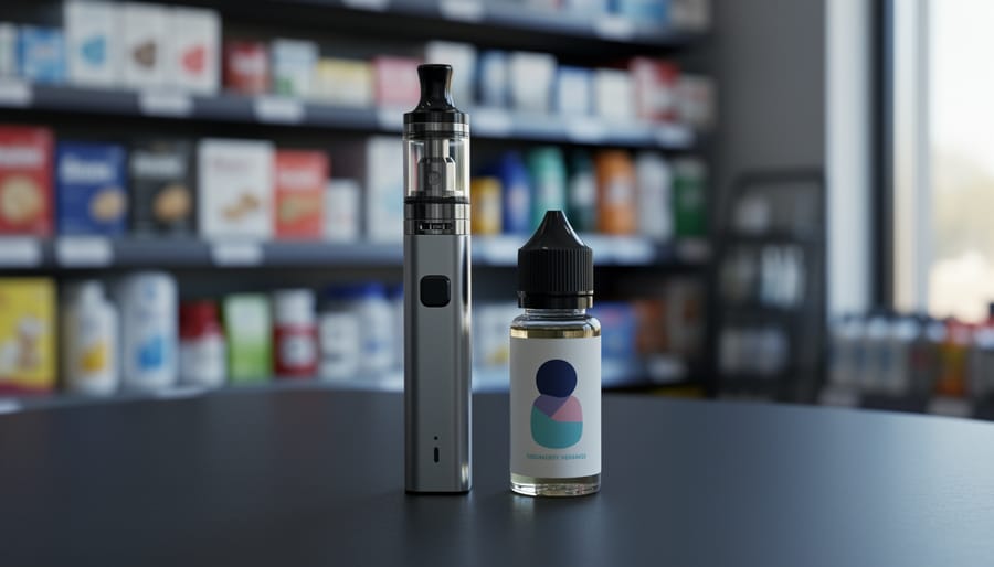 Close-up of a modern vaping device on a dark tabletop with a softly blurred retail shelf in the background.