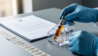 Gloved hands arranging a vape device and amber e-liquid bottle next to compliance paperwork and stamp materials on a desk.