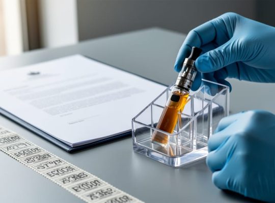 Gloved hands arranging a vape device and amber e-liquid bottle next to compliance paperwork and stamp materials on a desk.