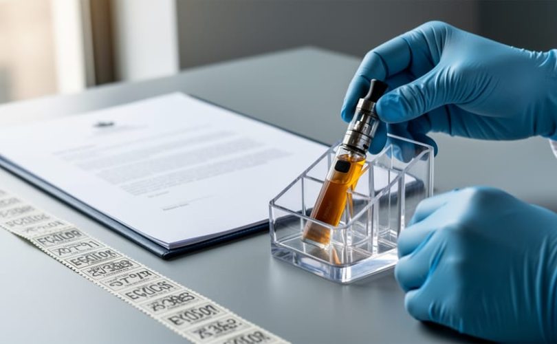 Gloved hands arranging a vape device and amber e-liquid bottle next to compliance paperwork and stamp materials on a desk.