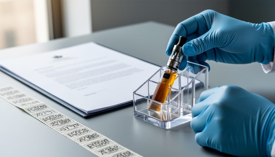 Gloved hands arranging a vape device and amber e-liquid bottle next to compliance paperwork and stamp materials on a desk.