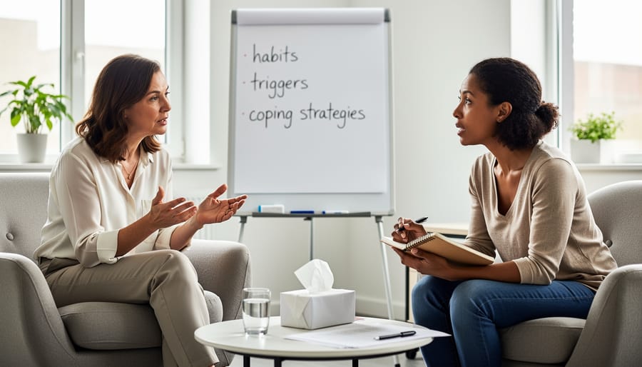 Two people in a counseling setting sitting face-to-face with supportive body language, suggesting behavioral therapy for quitting.