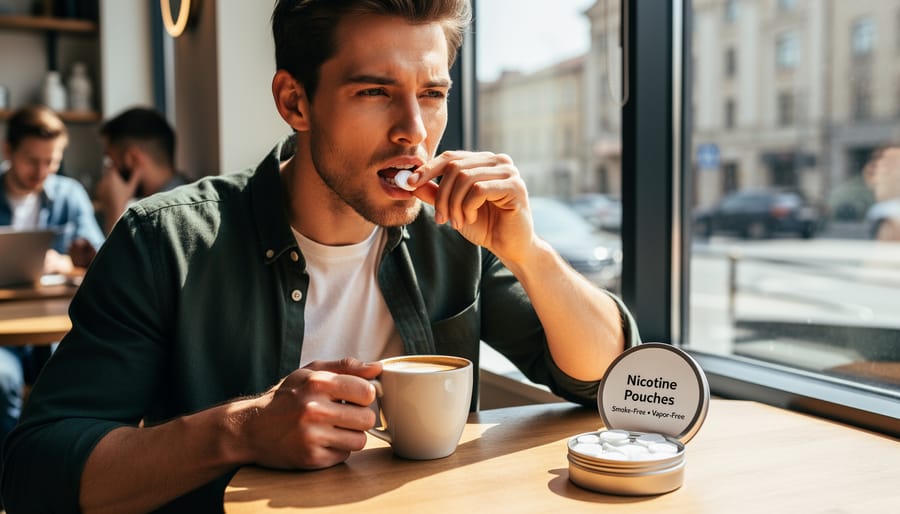 Close-up of a hand holding nicotine pouches in a discreet setting, with the pouch positioned between the lip and gum.