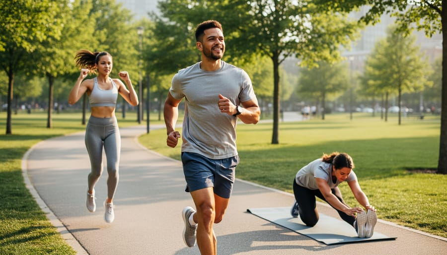 Runner jogging on a park path at sunrise, representing exercise as a way to channel cravings into movement.