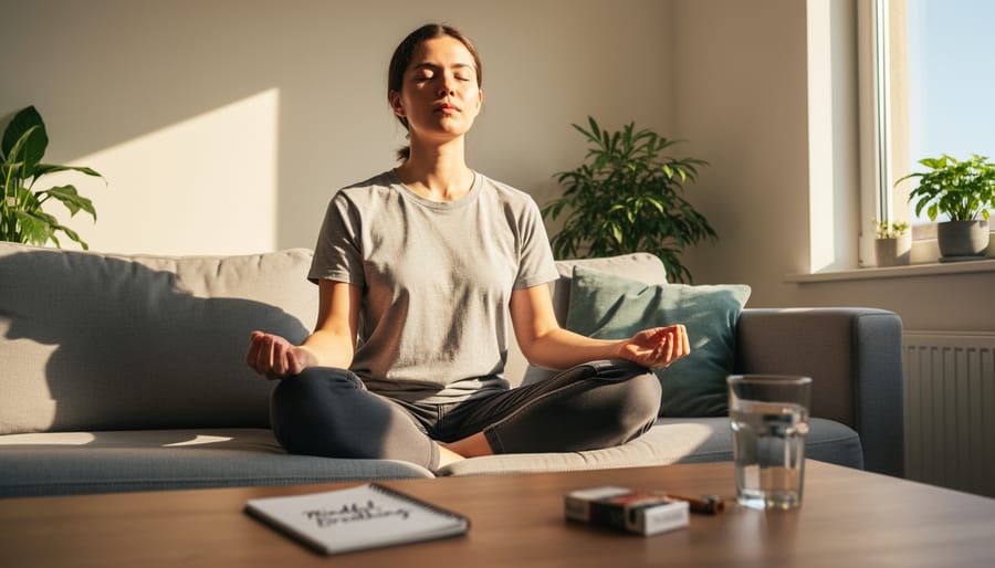 Person meditating on a yoga mat with hands on knees in a quiet room, illustrating mindfulness for craving management.