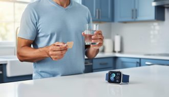 Person holding a nicotine patch and a glass of water in a softly lit kitchen, suggesting healthier alternatives to smoking or vaping for managing cravings.