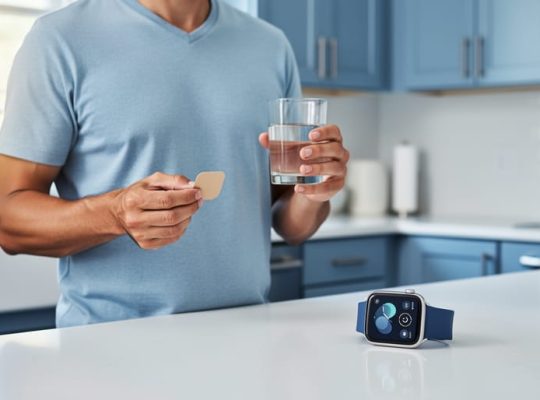 Person holding a nicotine patch and a glass of water in a softly lit kitchen, suggesting healthier alternatives to smoking or vaping for managing cravings.
