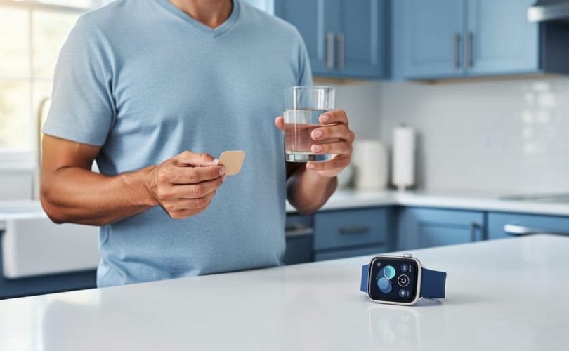 Person holding a nicotine patch and a glass of water in a softly lit kitchen, suggesting healthier alternatives to smoking or vaping for managing cravings.