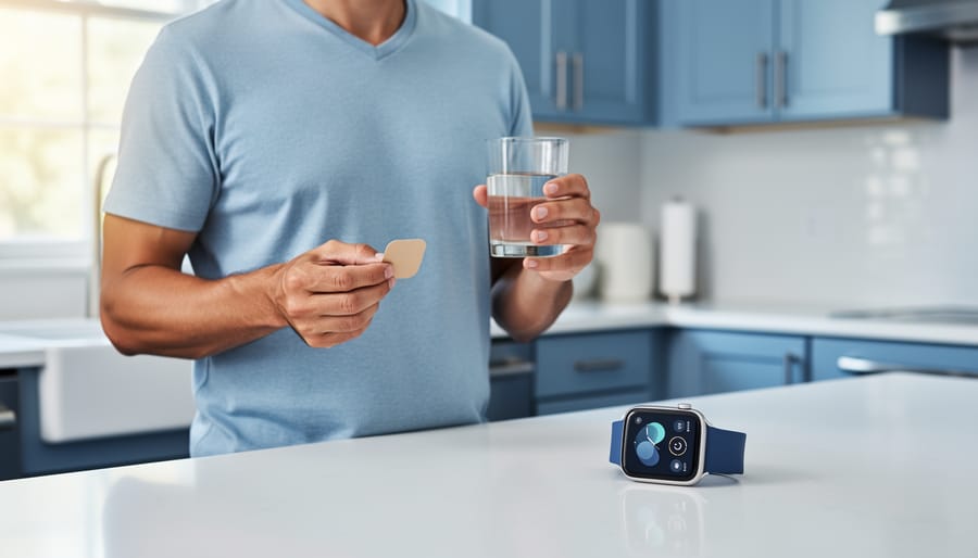 Person holding a nicotine patch and a glass of water in a softly lit kitchen, suggesting healthier alternatives to smoking or vaping for managing cravings.