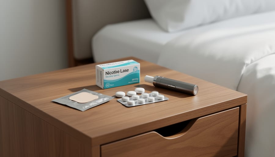 Nicotine replacement therapy items, including a nicotine patch, gum, and lozenges, on a bedside table with a hand applying the patch to an arm.