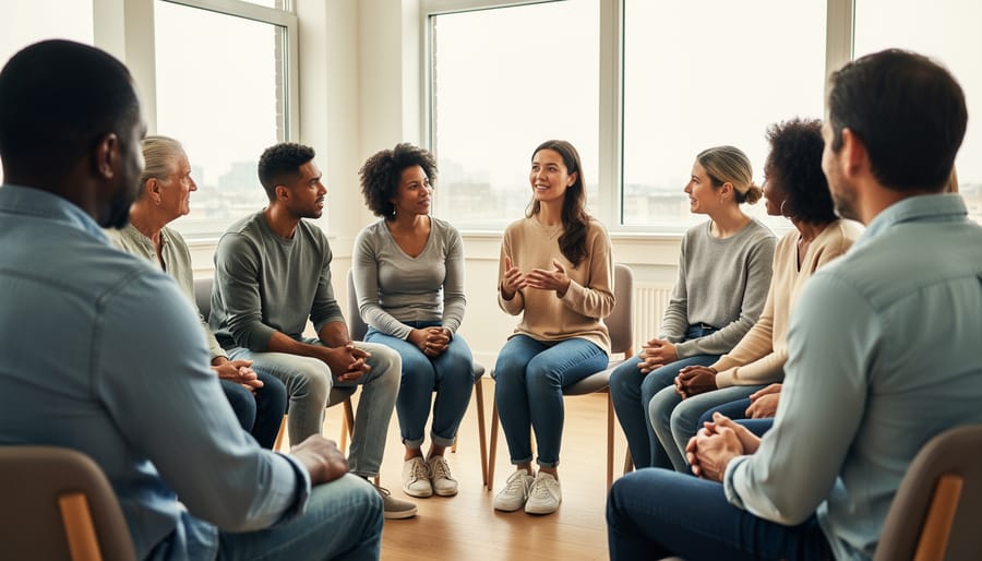 People sitting together in a support group circle, suggesting peer encouragement for quitting nicotine.