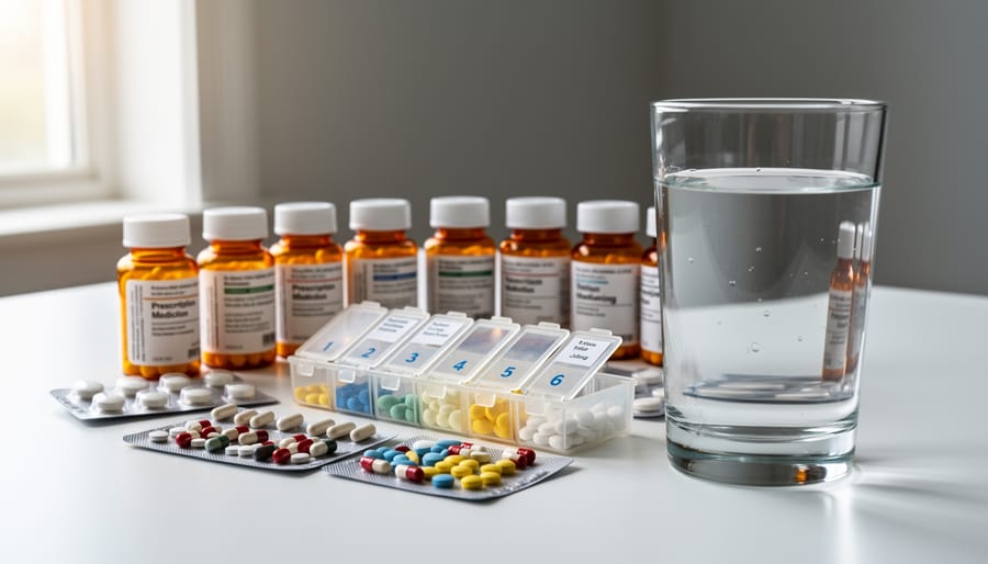 Neatly arranged tablets in a pill organizer with a glass of water on a kitchen counter, representing prescription medication use.